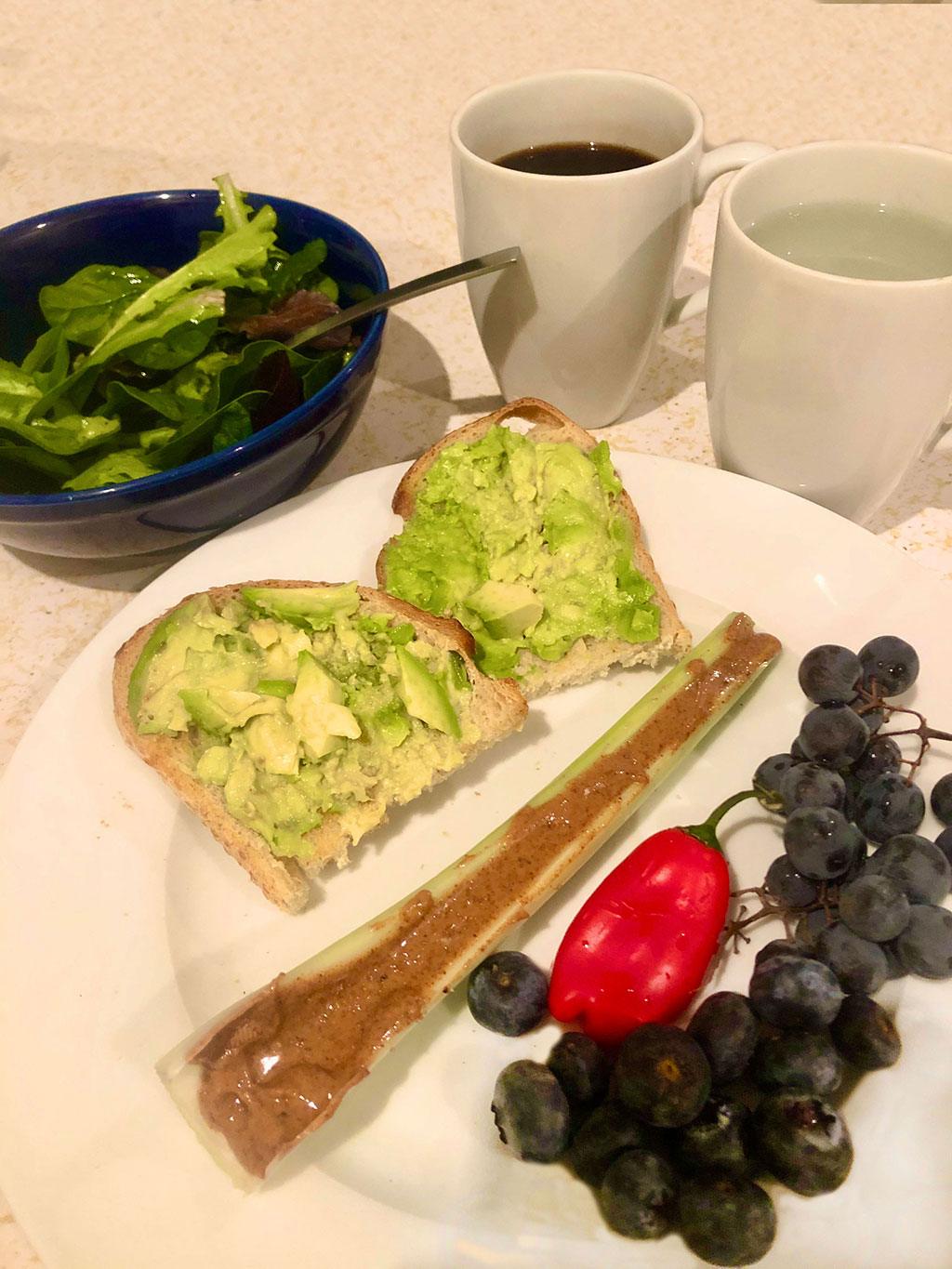 Avocado toast and peanut butter on celery is a great breakfast for the Add-In Diet