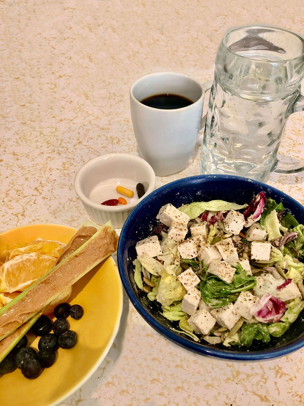 Variety of fruits and vegetables for breakfast with tofu