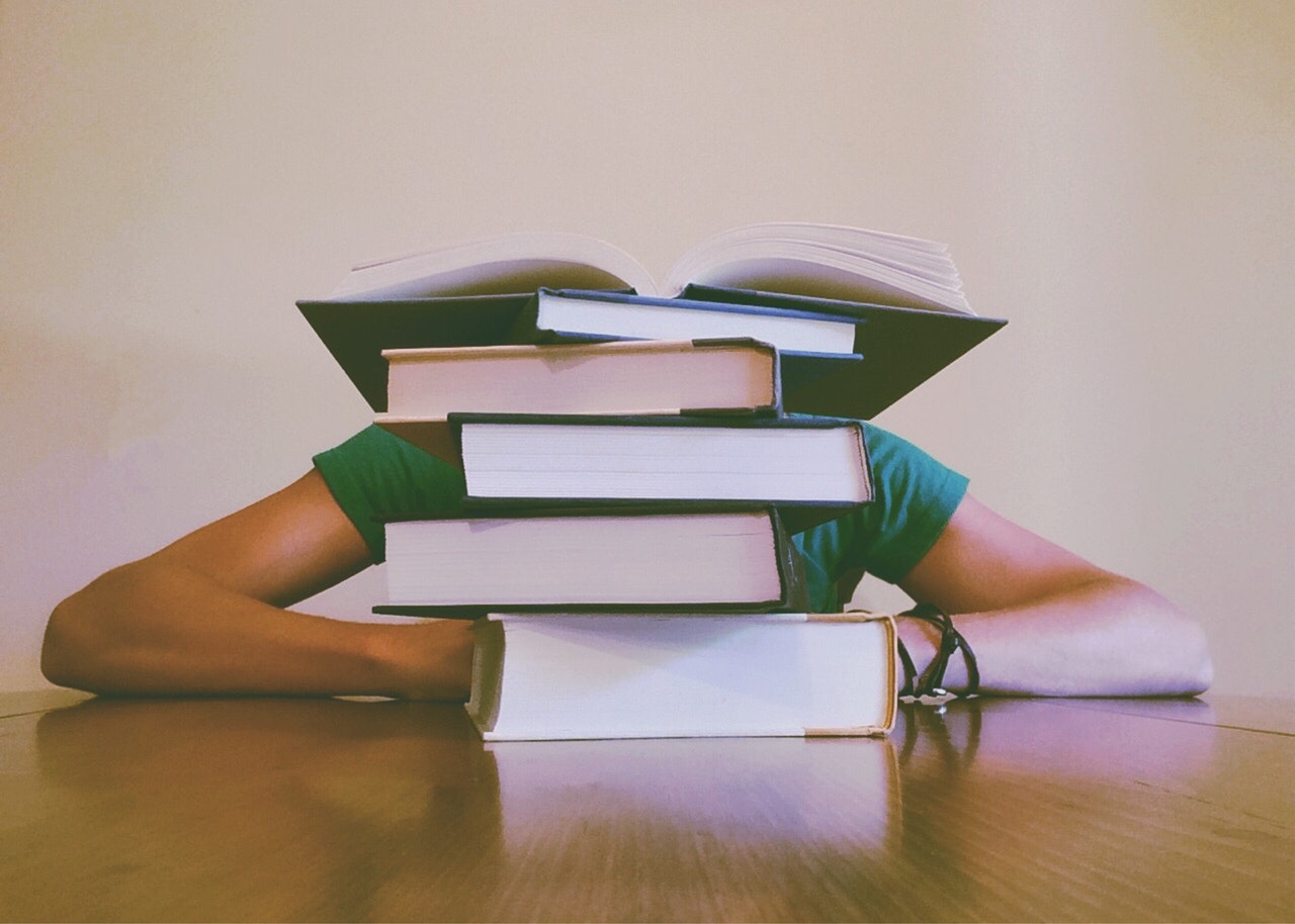 Pile of books is overwhelming the person sitting behind them