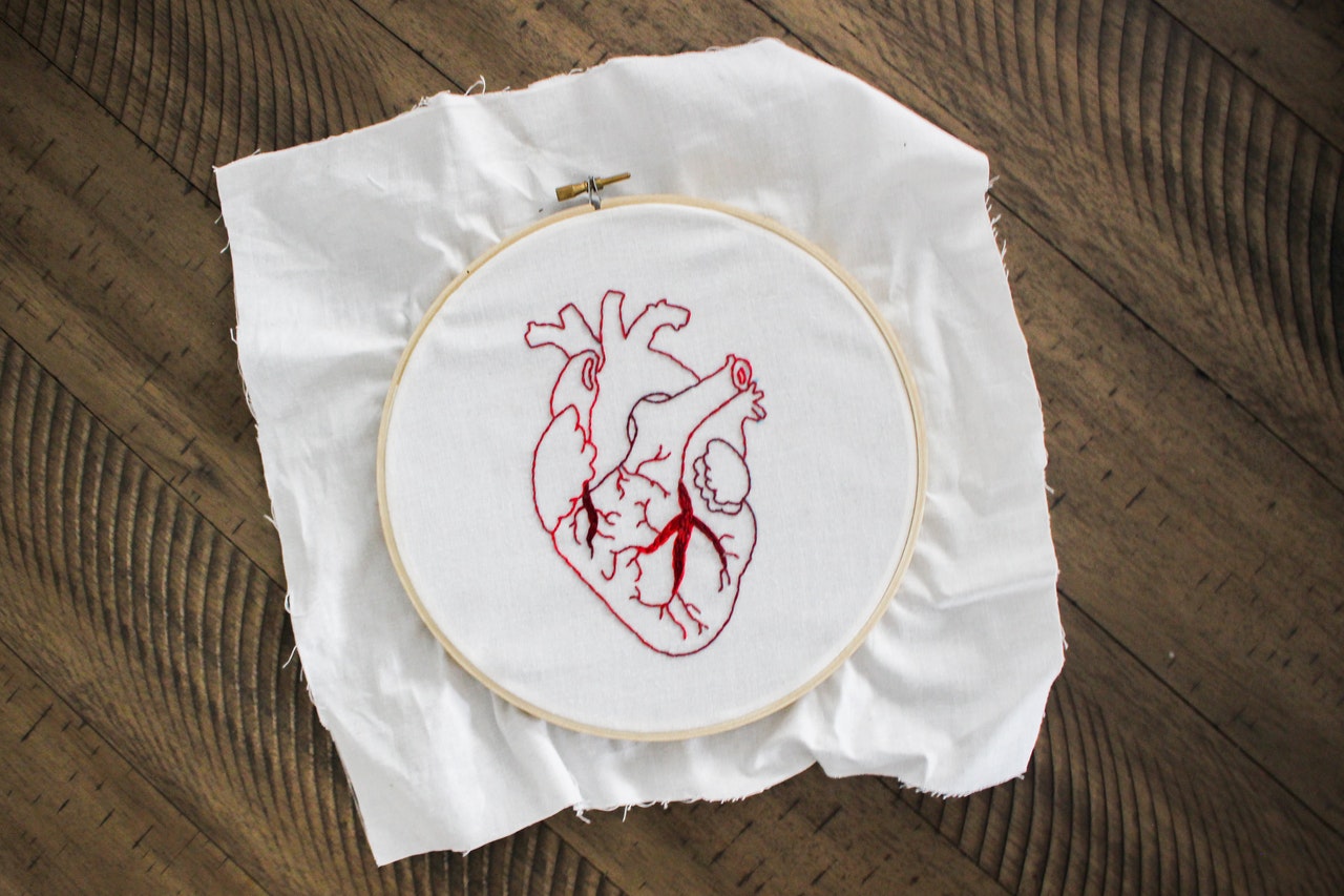 An embroidered picture of a human heart to illustrate courage. 